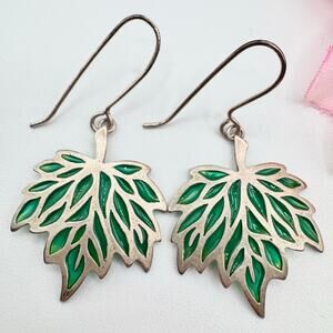 Linda Caristo 925 Green Plique a Jour Maple Leaf Earrings Nature Artisan Signed